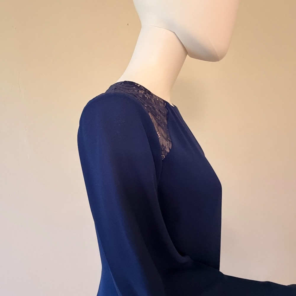 NWT Halston Heritage Lace Insert Dress Navy Blue Ruffle Sleeve Mini Dress Size 8 - Picture 6 of 15